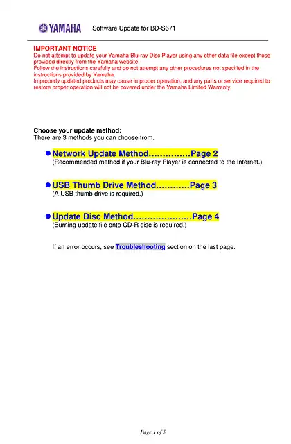 yamaha雅马哈BD-S671 Software Update Version 1.4905 Installation Manual